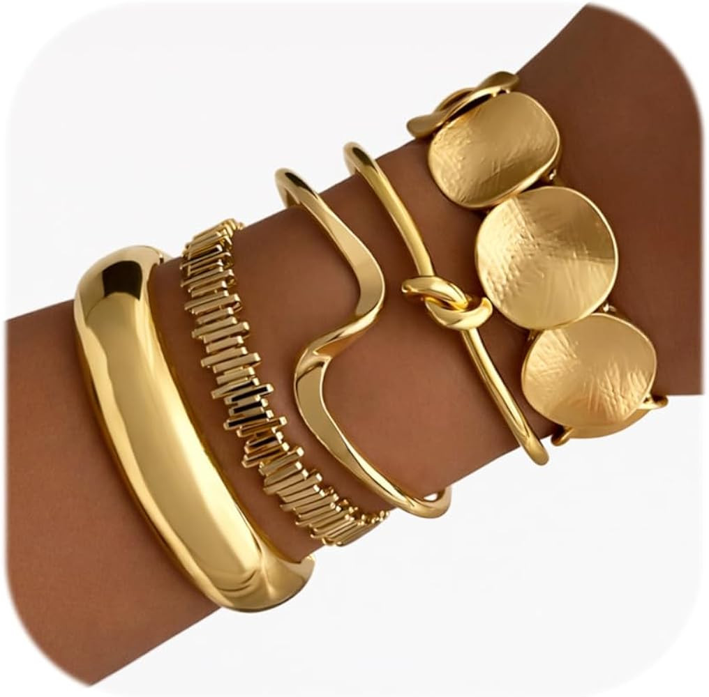 iF YOU Gold Bangle Bracelets for Women, Dainty Knot 14K Gold Plated Multi Layer Bangle Cuffs, Per... | Amazon (US)