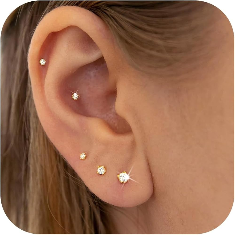 Small Gold Stud Earrings Set for Women Men, Hypoallergenic Cubic Zirconia Mini Stud Earrings for ... | Amazon (US)