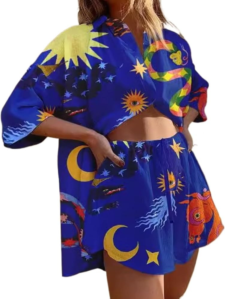 MOLERFO 2 Pieces Short Sets Women Floral Fruit Print Pajama Graffiti Vintage Boho Short Sleeve Sh... | Amazon (US)