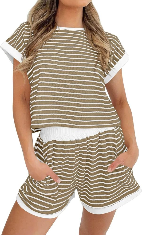 Tankaneo Womens Summer 2 Piece Sets Striped Short Sleeve T Shirts and Shorts Loungewear Matching ... | Amazon (US)