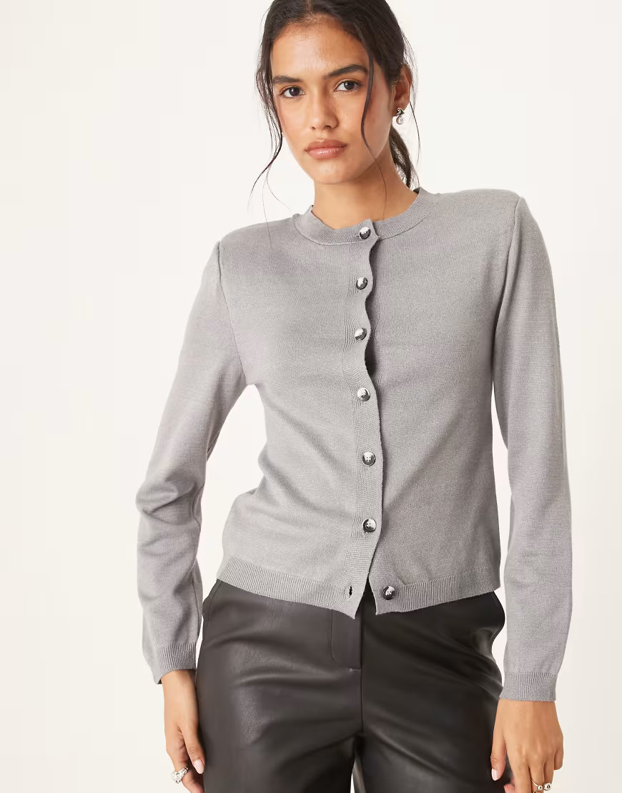 ASOS DESIGN knitted neat fit cardigan with shoulder pads in grey marl | ASOS (Global)