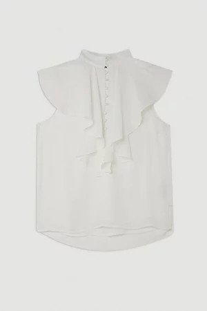 Georgette Ruffle High Neck Woven Blouse | Karen Millen UK + IE + DE + NL