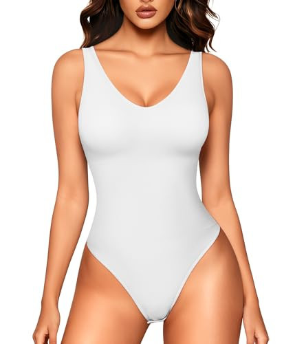 LODAY White Bodysuit Women Sleeveless V Neck Tank Top Bodysuit Thong Body suits Slim Fit（Medium,White | Amazon (US)