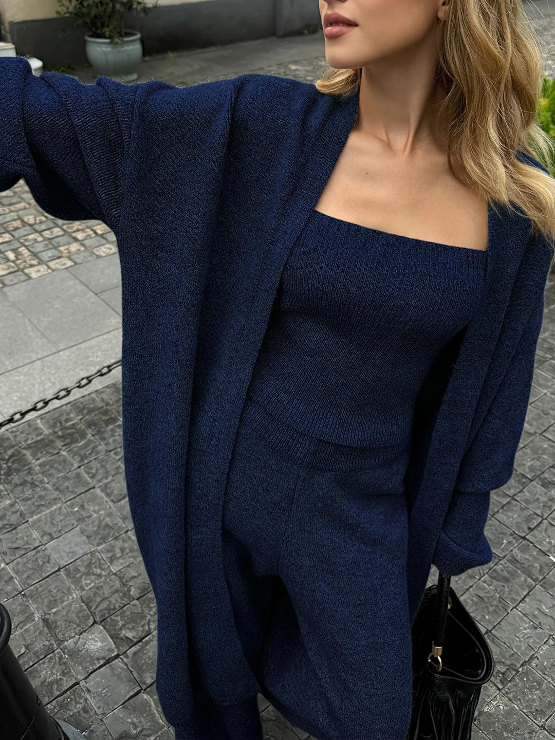 Three-Piece Knit Bustier Cardigan Pants Set | Commense