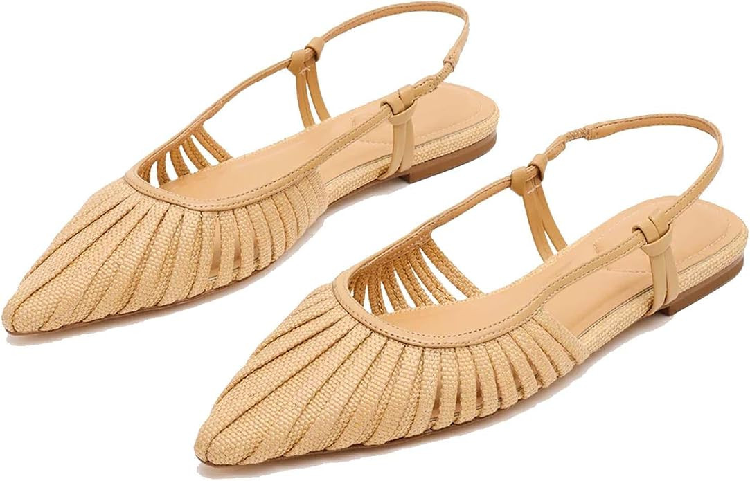 ZJGZF Woven Flats for Women Raffia Sandals Slingback Flats Shoes Pointed Toe Natural Flat Sandal ... | Amazon (US)