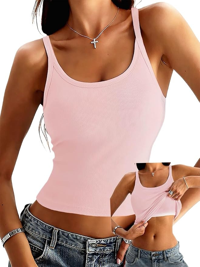 Danysu Women's Tank Tops with Bulit in Bras Scoop Neck Ribbed Fitted Knit Crop Halter Tops Spaghe... | Amazon (US)