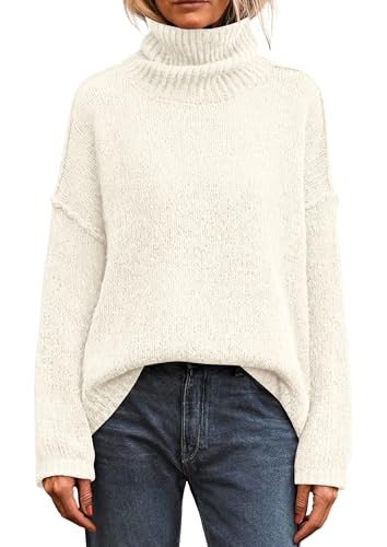 PRETTYGARDEN Womens Turtleneck Long Sleeve Sweater 2025 Fall Trendy Loose Fit Knit Tops Oversized Pullover Sweaters (White,Large) | Amazon (US)