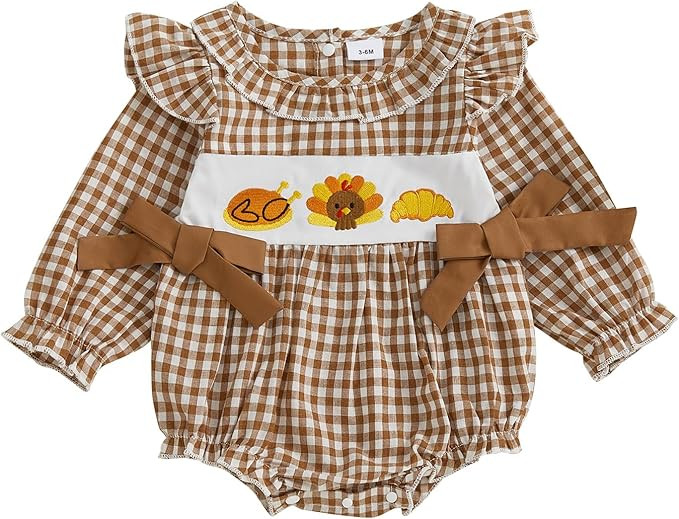 Newborn Baby Girl Thanksgiving Outfit Turkey Croissant Homemade Rolls Romper Plaid Long Sleeve Bo... | Amazon (US)