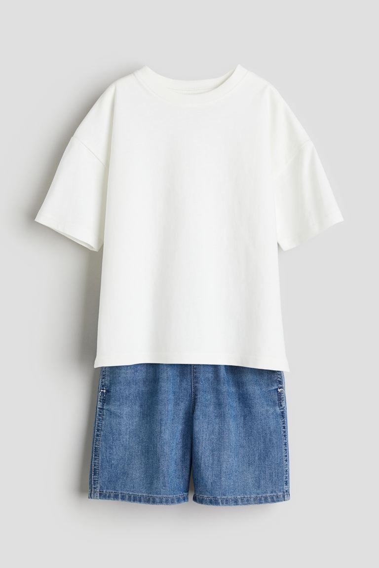 2-piece T-shirt and Shorts Set - White/denim blue - Kids | H&M US | H&M (US + CA)