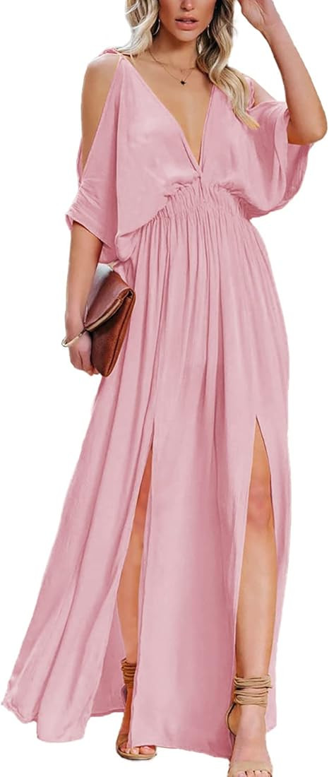 DEEP SELF Women Summer V Neck Cold Shoulder Short Sleeve Maxi Dress High Waist Split Wedding Gues... | Amazon (US)