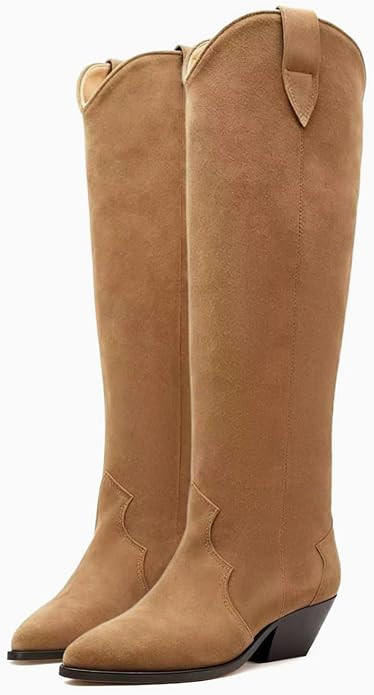 Suede Cowboy Boots for Women Pointed Toe Cowgirl Knee High Boots Chunky Heels Tall Boot Dressy Pu... | Amazon (US)