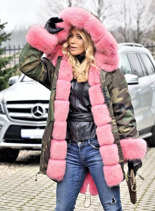Roiii Womens Hooded Camouflage Warm Winter Coats Faux Fur Jacket Parka Overcoat | Amazon (US)
