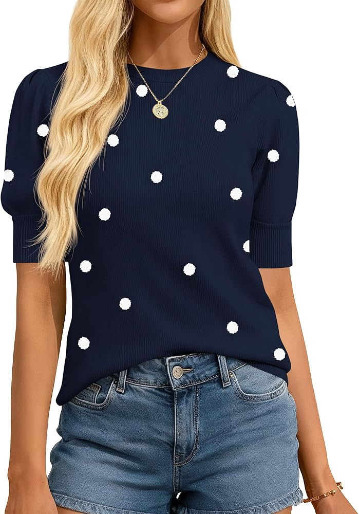 BTFBM Womens Tops Polka Dot Puff Short Sleeve Sweater for Women Crewneck Knit Summer Tops Busines... | Amazon (US)