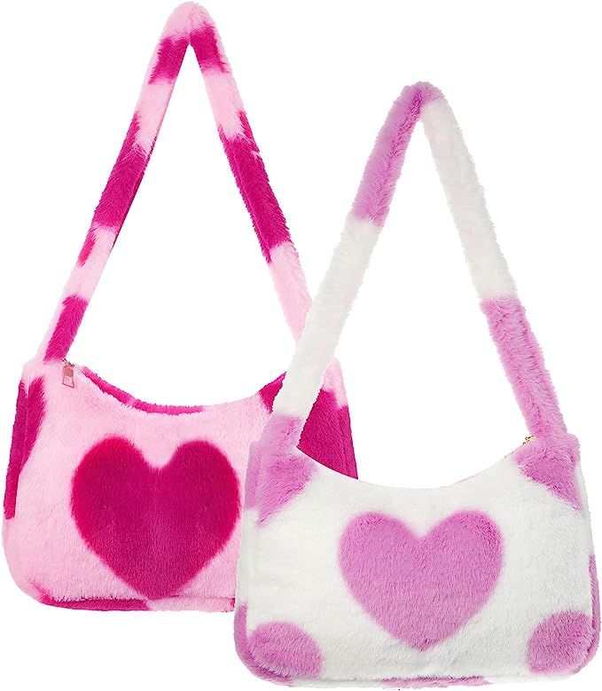 2 Pcs Fluffy Tote Bag Girls Cute Plush Shoulder Bag Underarm Y2K Purse Heart Print Furry Bag Fuzz... | Amazon (US)