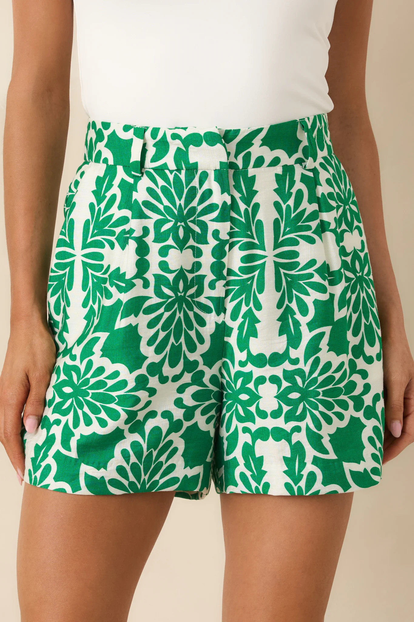 Fair Enough Green & Ivory Printed Shorts | Red Dress
