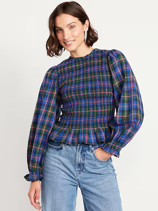 Long-Sleeve Plaid Smocked Top | Old Navy (US)