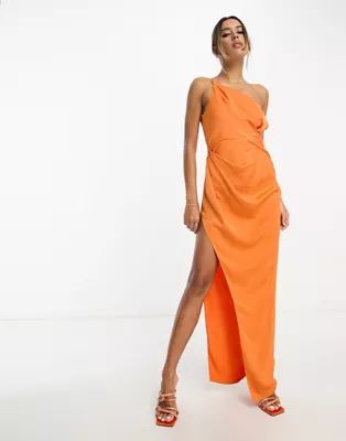 ASOS DESIGN washed satin one shoulder high split maxi dress with twist detail in orange | ASOS (Global)