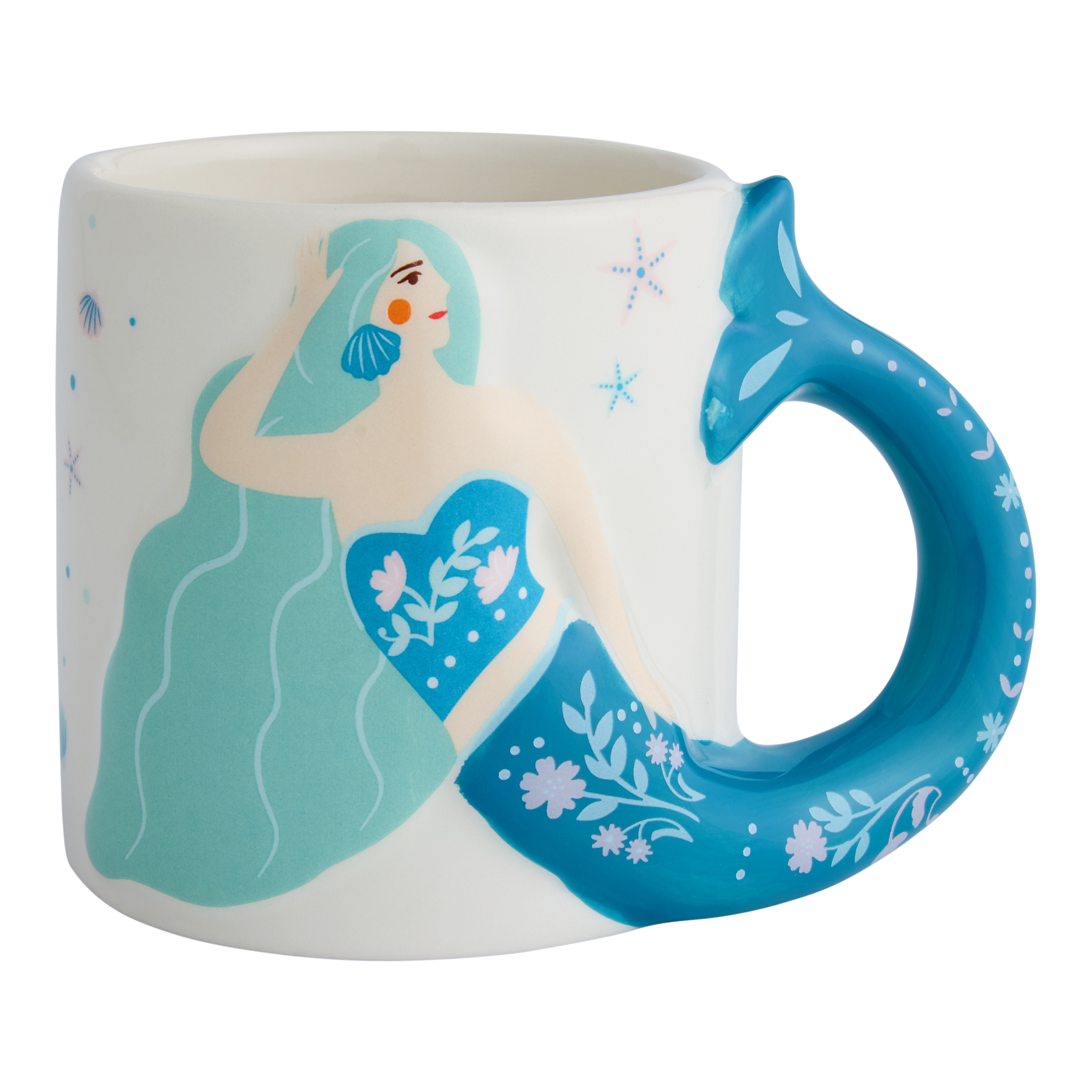 White and Teal Mermaid Tail Handle Ceramic Mug | World Market