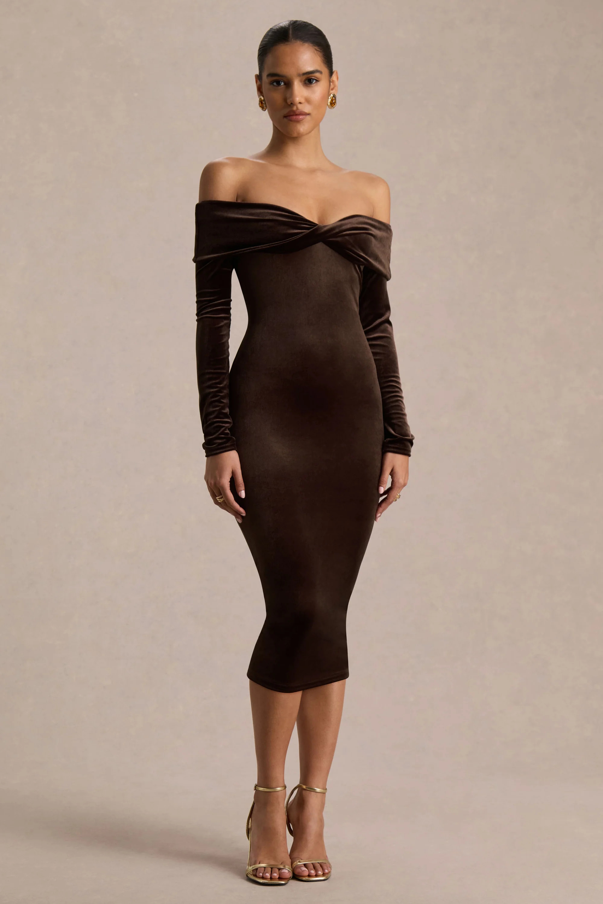 Compliment | Brown Velvet Bardot Midi Dress | Club L London