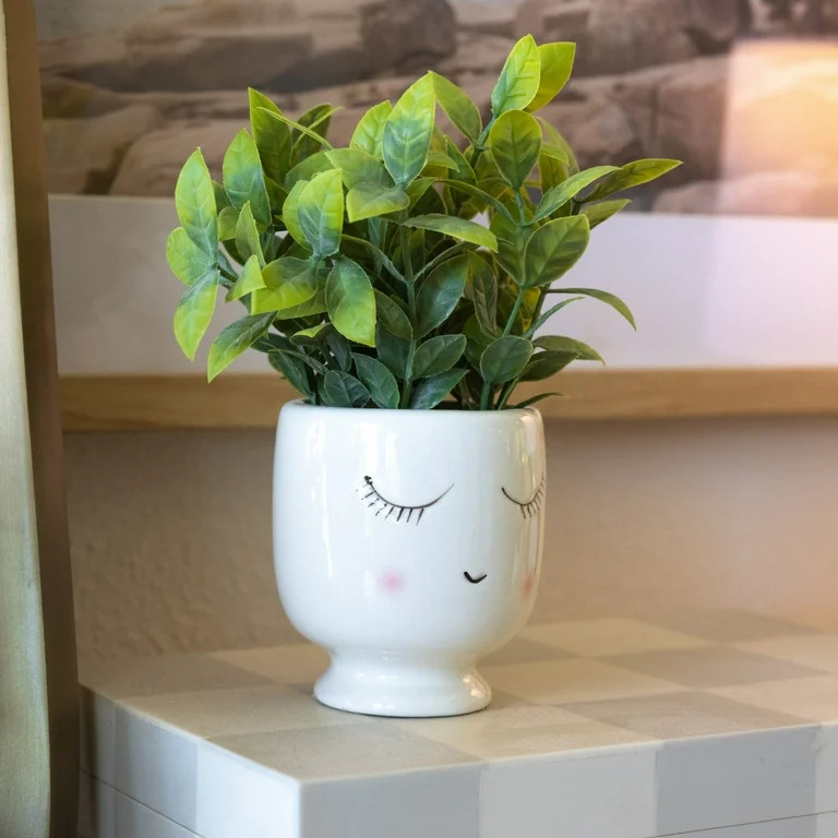 Mainstays 3" Tabletop Artificial Faux Tea Leaf Plant in Ceramic Shy Girl Pot, White | Walmart (US)