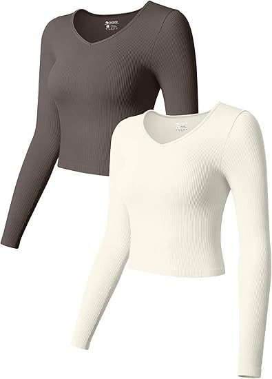 OQQ Women 2 Piece Crop Tops V Neck Long Sleeve Stretch Fitted Underscrubs Layer Tee Exercise Shir... | Amazon (US)