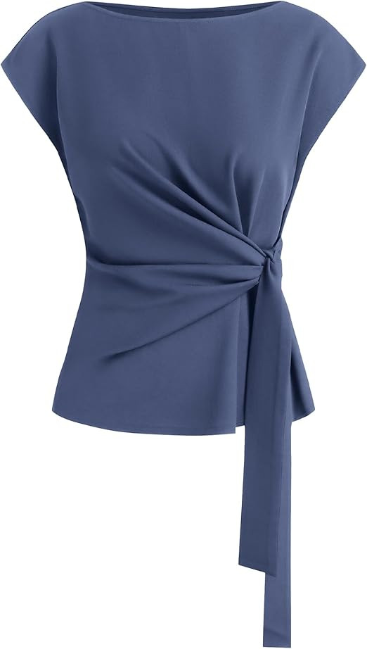 BTFBM Womens Tops Summer 2026 Cap Sleeve Crew Neck Tie Waist Blouses Dressy Casual Business Work ... | Amazon (US)