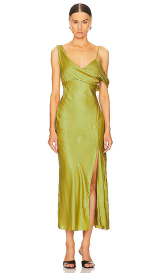 NICHOLAS Finley Asymmetrical Draped Midi Dress in Green. - size 0 | Revolve Clothing (Global)