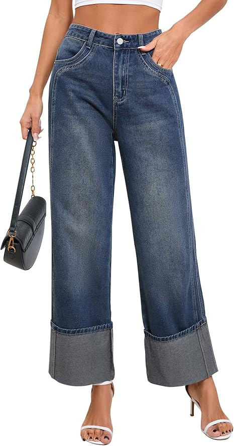 Ladyful Womens Wide Leg Cuffed Jeans High Waisted Rise Baggy Sweatpant Jeans Straight Leg Denim P... | Amazon (US)