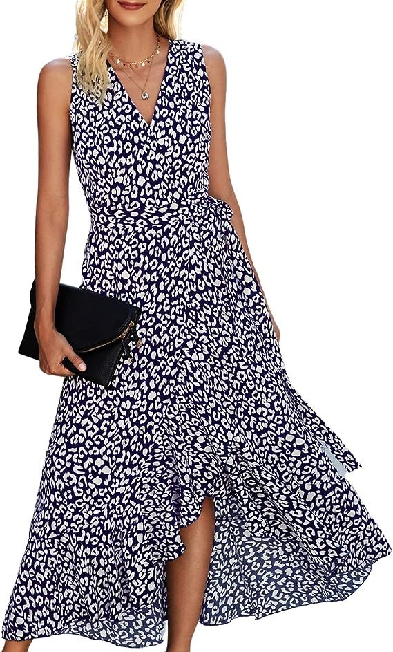 Dokuritu Women's Floral Wrap Dress, Irregular Hem Ruffle Maxi Dress Summer Beach Long Dress | Amazon (US)