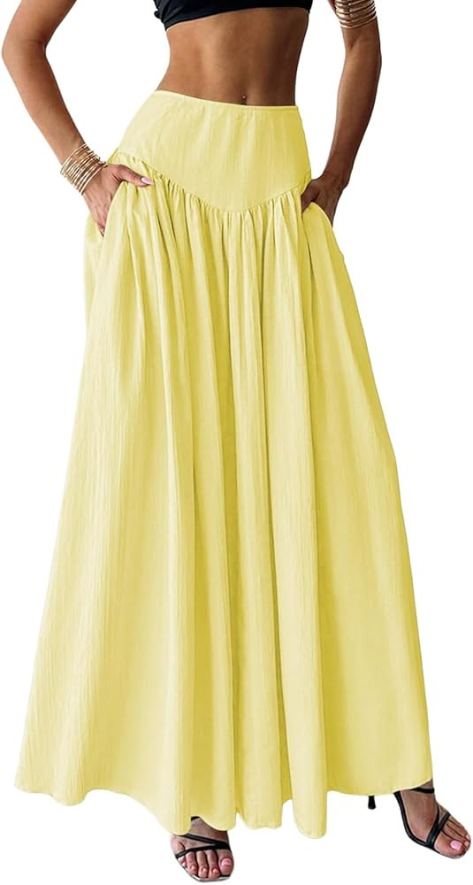 Milumia Women's Pleated Flowy Long Skirts High Waist Maxi Skirt with Pocket | Amazon (US)