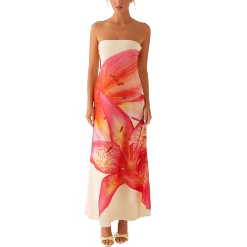 ACOSAP Women Y2k Strapless Maxi Dress Summer Backless Floral Long Tube Dress Red White | Amazon (US)