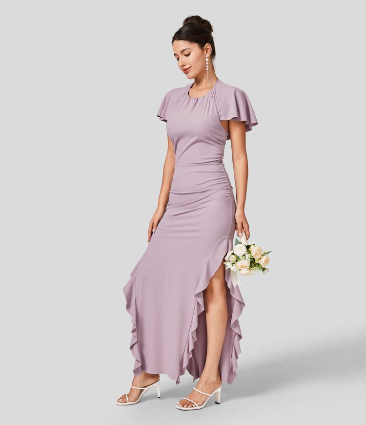 Women’s Round Neck Ruffle Short Sleeve Tie Back Bodycon Split Maxi Bridesmaid & Wedding Guest D... | HALARA