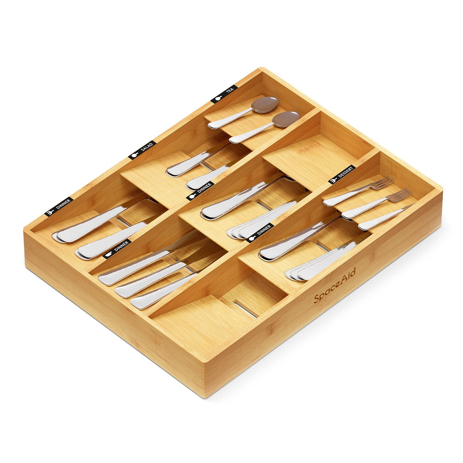 SpaceAid Bamboo Silverware Drawer Organizer with Labels, Kitchen Utensil Tray Holder Organizer fo... | Amazon (US)