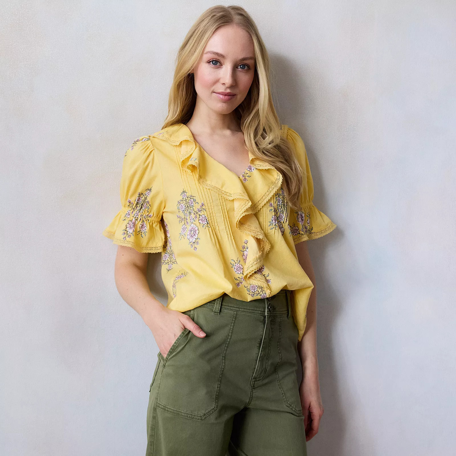 Petite LC Lauren Conrad Ruffle Front Pintuck Blouse, Women's, Size: XS Petite, Yellow Lexi Wallpaper | Kohl's