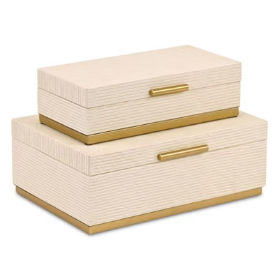 HomeRoots Set of Two Cream And Gold Striped Nesting Storage Boxes With Lids | Target