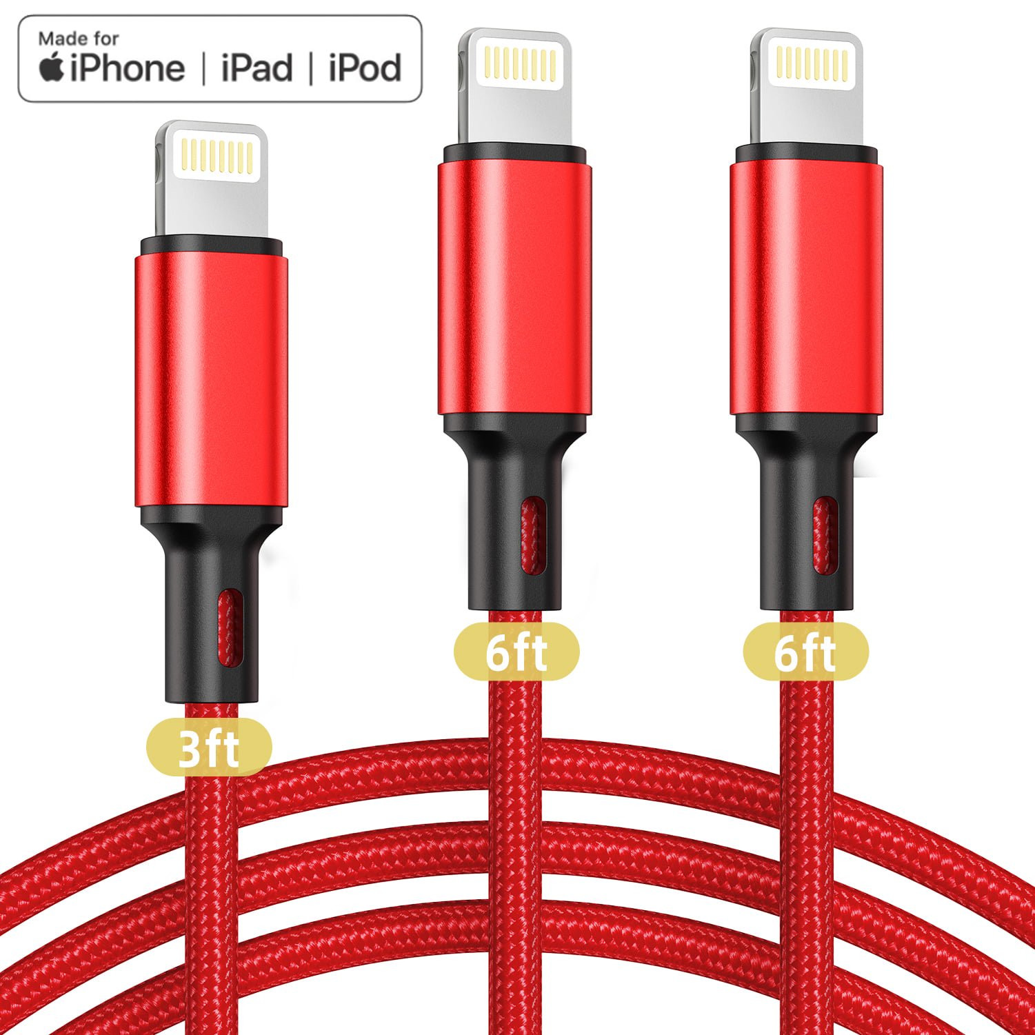 3Pack [Apple MFi Certified] iPhone Charger Cables (3/6/6ft), Long Lightning Cable Nylon Fast iPho... | Walmart (US)