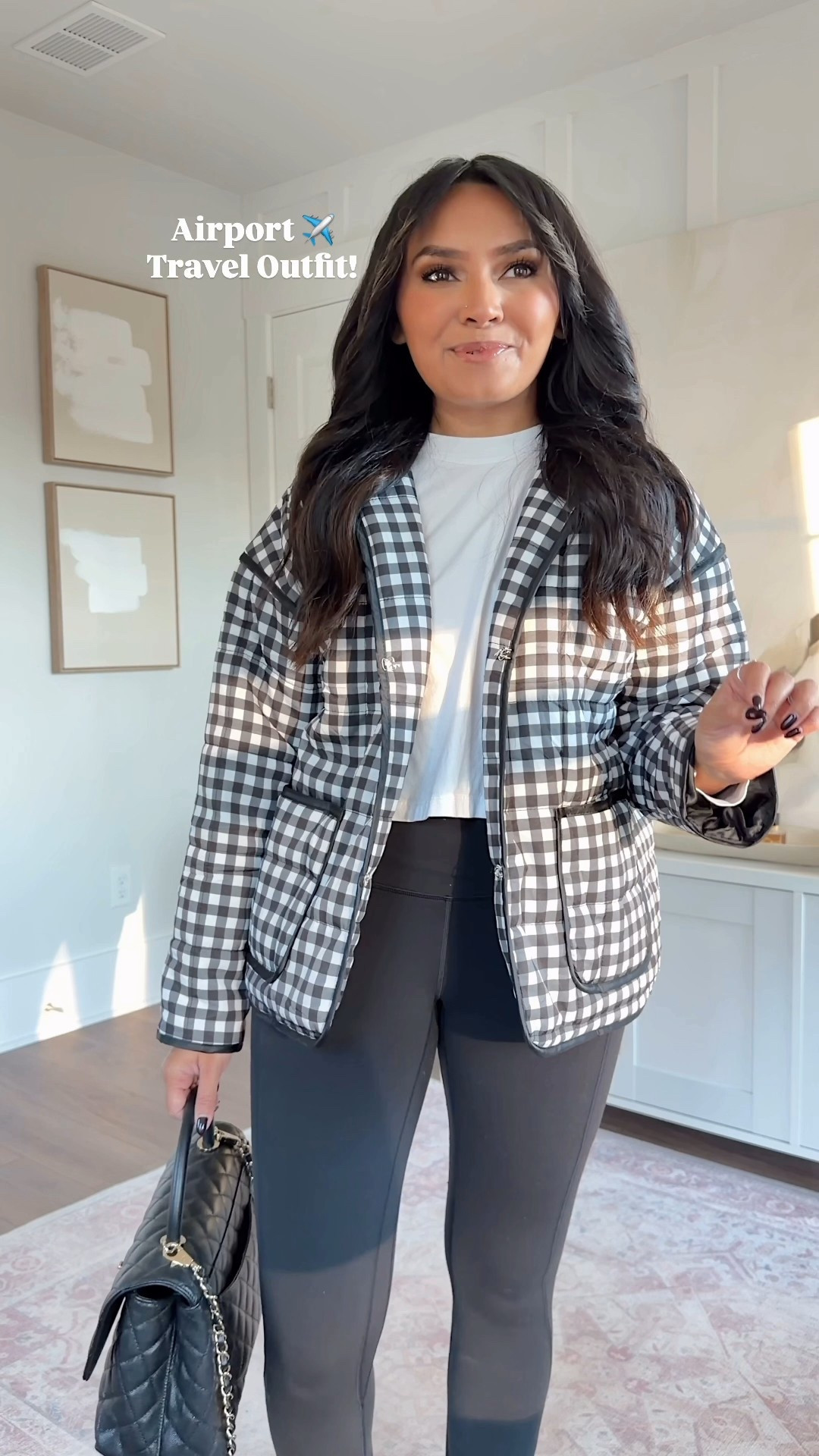 Black gingham jacket size xs TTS 
Long sleeve tee size xs - old, similar linked
Leggings size 6, 25” - I like to size up 2 sizes in this brand for a comfortable waistband. Linked similar for less!
Sneakers size 6.5 TTS 

#LTKTravel #LTKPetite #LTKStyleTip