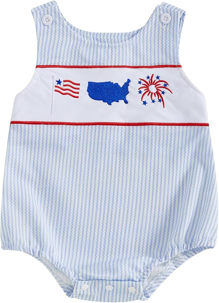 Fourth Of July Baby Boy Outfit Newborn American Flag Firework Bubble Romper Infant Sleeveless Bod... | Amazon (US)