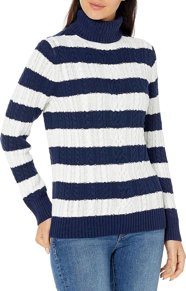 Amazon.com: Amazon Essentials Women's Fisherman Cable Turtleneck Sweater, Navy/White Stripe, Medi... | Amazon (US)