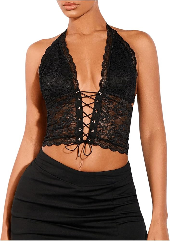 Women's Sexy Lace Corset Top Halter Neck Lace Up Front Crop Top Y2K Backless Tie Tank | Amazon (US)