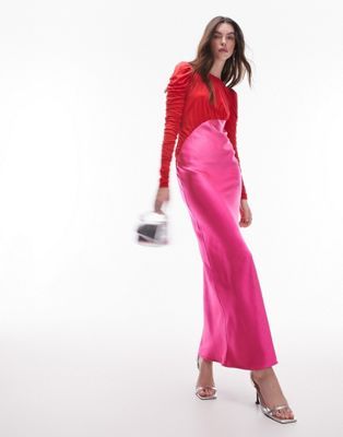 Topshop long sleeve satin and jersey maxi dress in red/pink | ASOS (Global)