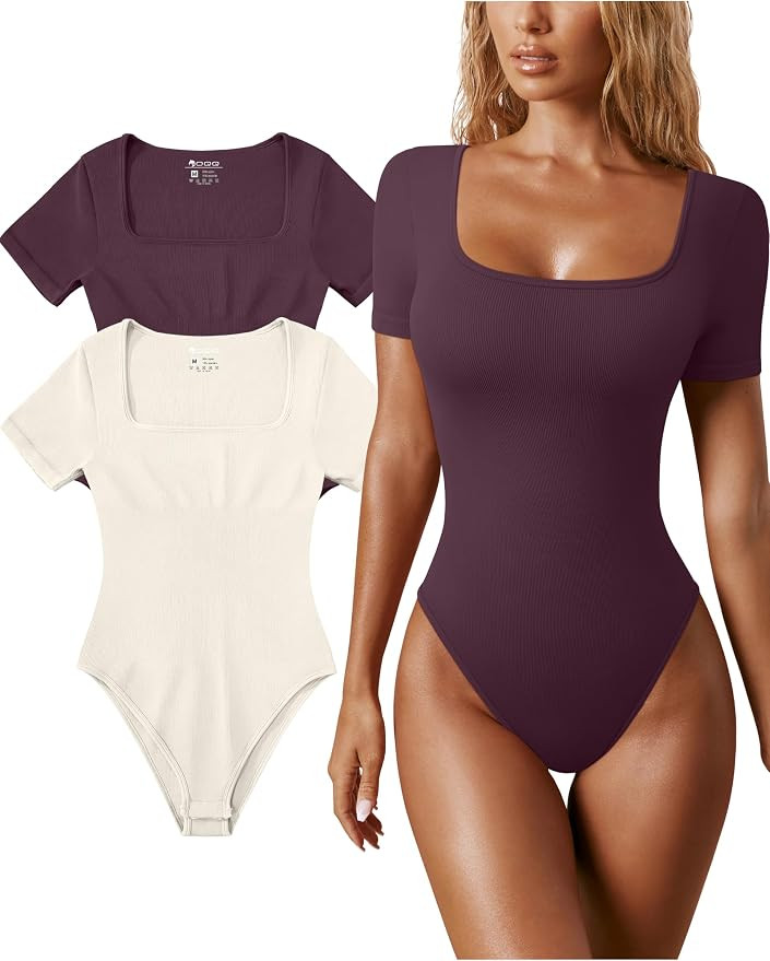 OQQ Women's 2 Piece Bodysuits Sexy Ribbed One Piece Square Neck Short Sleeve Bodysuits | Amazon (US)