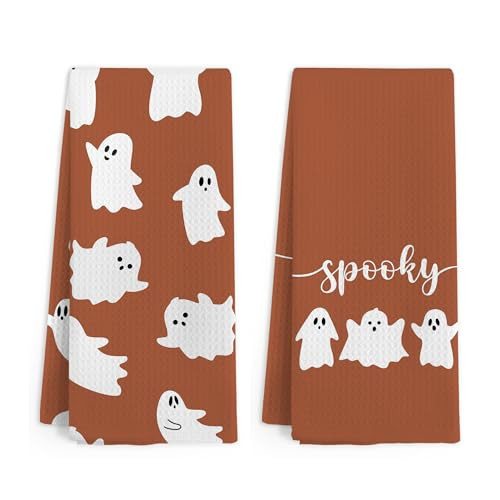 Gnmduw Halloween Spooky Ghost Kitchen Towels, Halloween Kitchen Decor, Burnt Orange Fall Cute Ghost Hand Towels Set of 2, Autumn Decoration Hand Dish Tea Towel for Bathroom Decor, 16x24 Inch | Amazon (US)