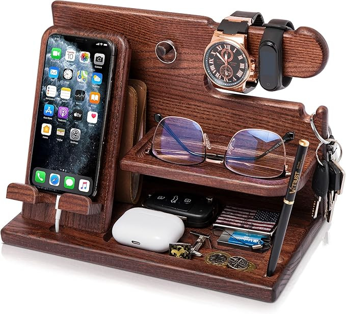 TESLYAR Wood Phone Docking Station Ash Key Holder Wallet Stand Watch Organizer Men Gift Husband W... | Amazon (US)