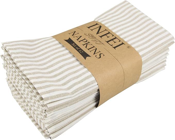 INFEI Plain Striped Cotton Linen Blended Dinner Cloth Napkins - Set of 12 (40 x 30 cm) - for Even... | Amazon (US)
