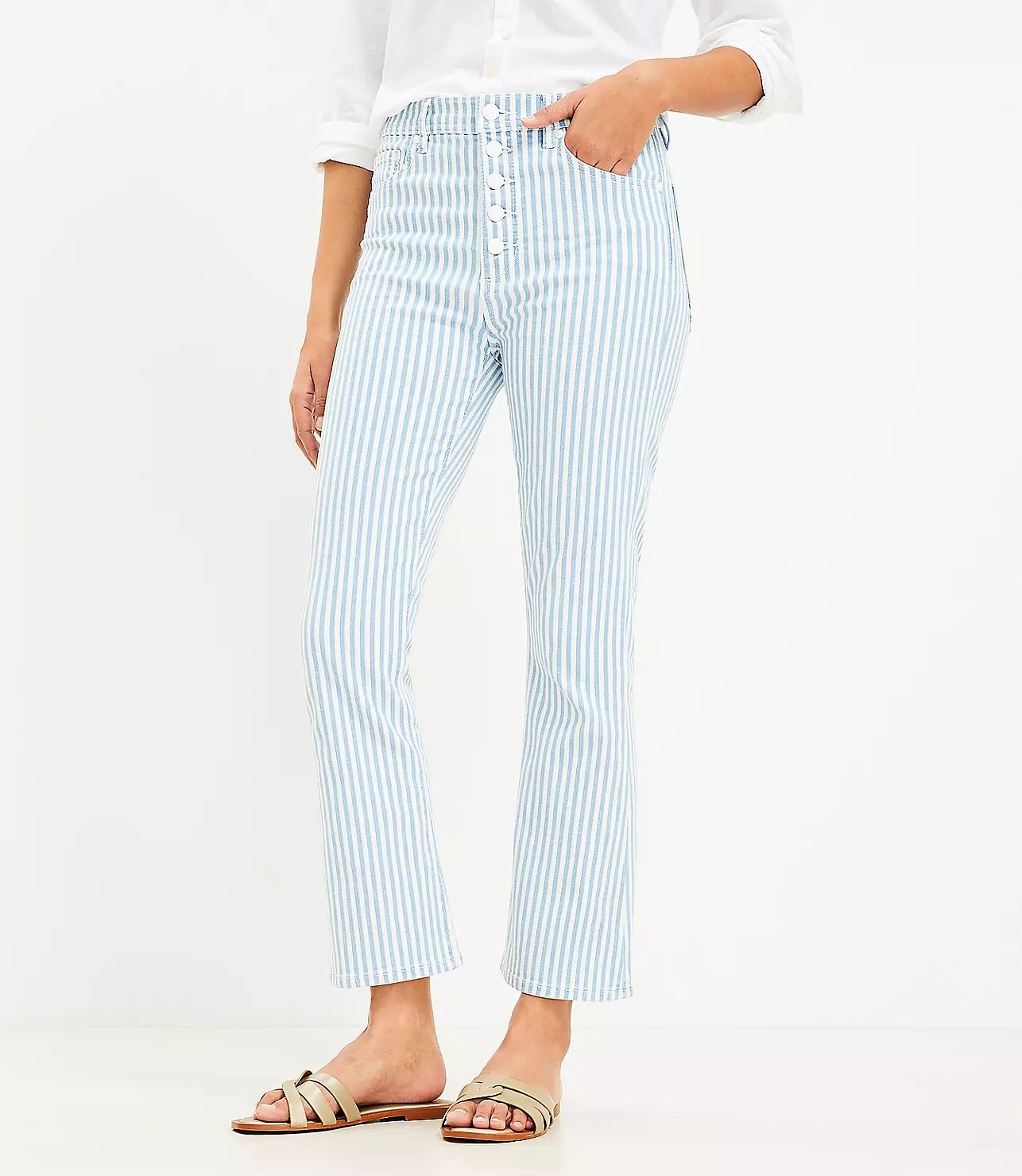 Button Front High Rise Kick Crop Jeans in Blue Railroad Stripe | LOFT