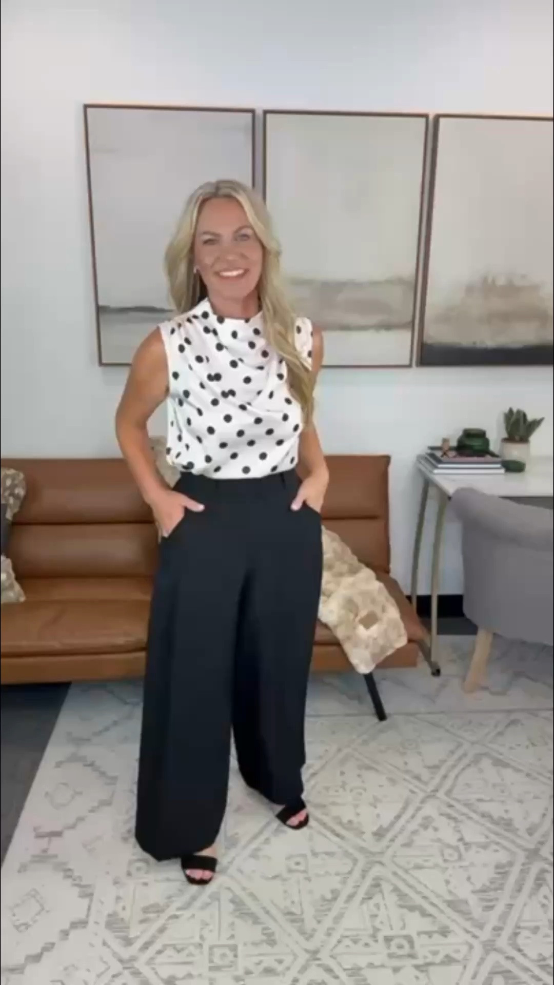 This look is such a good reminder that workwear doesn’t have to feel boring. The draped polka dot top adds personality, while the wide-leg trousers keep everything sleek and comfortable enough for a full day at the office and dinner afterward.

Office outfit, business casual, workwear inspiration, wide leg trousers, polka dot blouse, professional style, office fashion, elevated basics, chic work outfit, AudrieDollins

#LTKootd #LTKWorkwear #LTKOver40