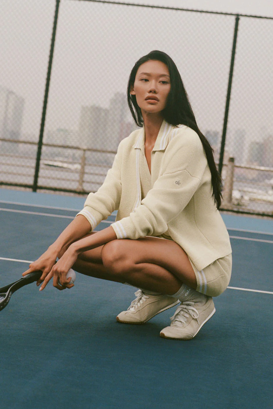 ALO | Tennis Club Sweater Knit Cardigan Top in Oatmeal/White, Size: 2XS | Alo Yoga (US)