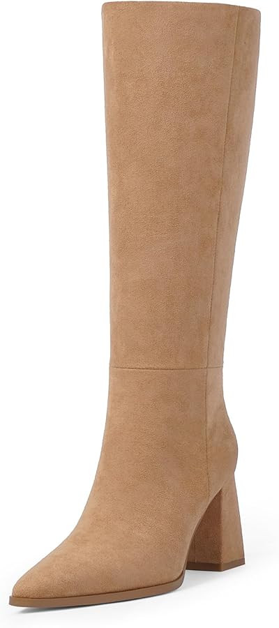 Knee High Boots for Women Chunky Heel Pointed Toe Fall High Heel Side Zipper Long Boots Dressy | Amazon (US)
