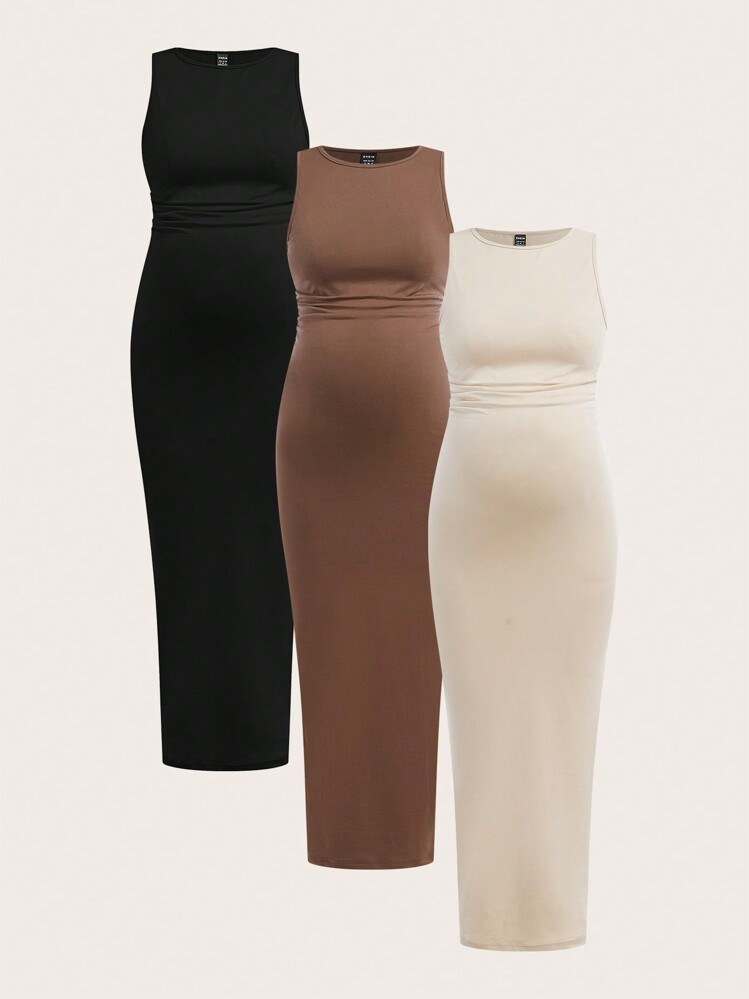 SHEIN Pregnant Women Plain Round Neck Waist Ruched Casual Tank Dress | SHEIN